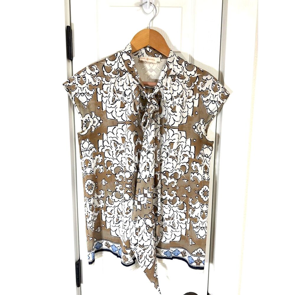✨ Tory Burch | Brown & White Geometric Bow Blouse | Size 4 ✨ - Picture 3 of 6